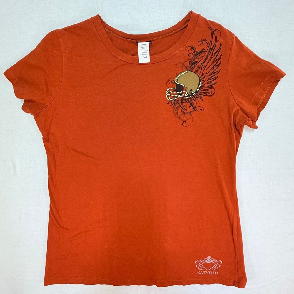 Katydid Womens Orange Peace Love‎ Football Graphic T-Shirt Rhinestone Winged 2X